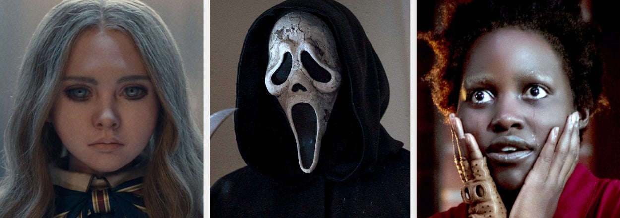 M3GAN from "M3GAN," Ghostface from "Scream," and Adelaide Wilson from "Us," all in distinct costumes from their respective movies