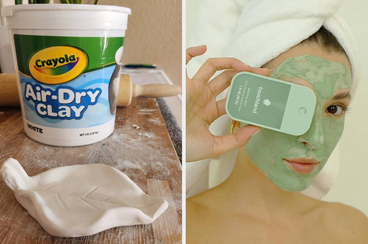 A person with a face mask and towel holding a skincare product. Crayola Air-Dry Clay container and molded clay piece nearby