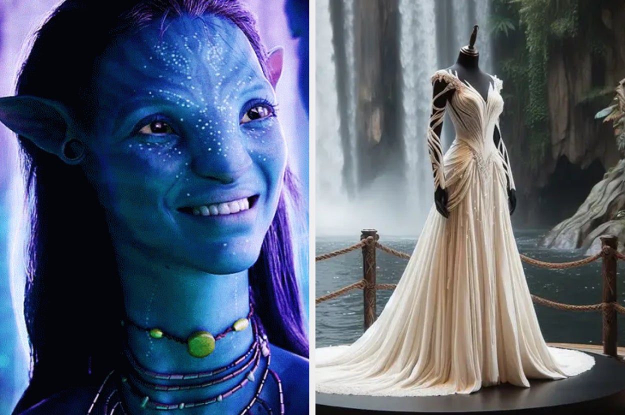 Neytiri from Avatar smiling; elegant gown on mannequin with waterfall backdrop