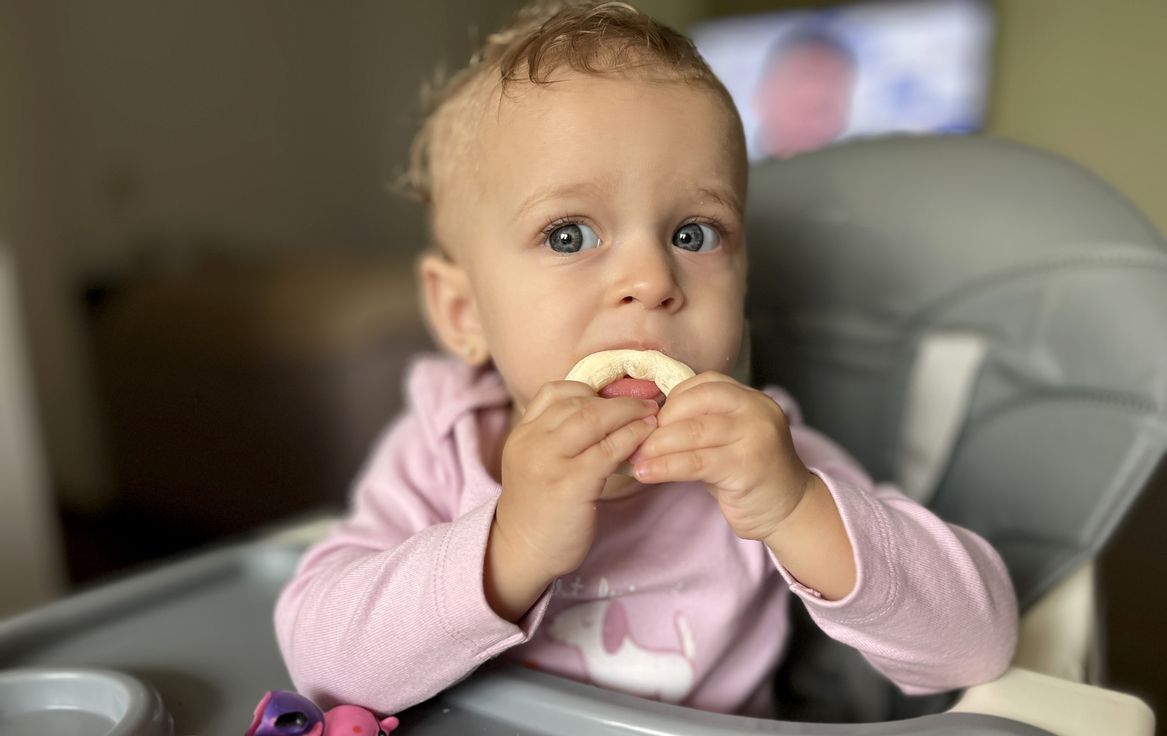 A baby in a high chair bites a circular biscuit. A toy is visible on the tray, and a blurred TV screen is in the background