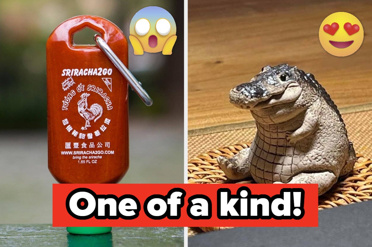 Sriracha2Go keychain bottle and a miniature crocodile sculpture are shown. A bold caption reads "One of a kind!" in the shopping-themed image
