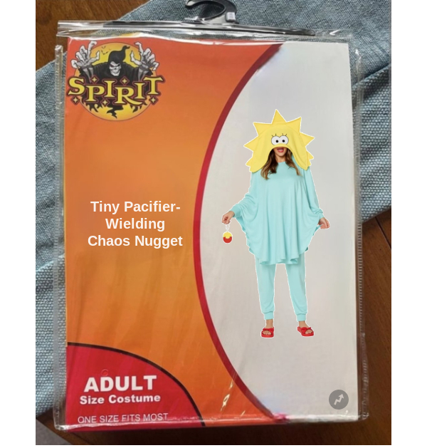 Costume package labeled &quot;Tiny Pacifier-Wielding Chaos Nugget&quot; featuring a sun-shaped hood and blue outfit