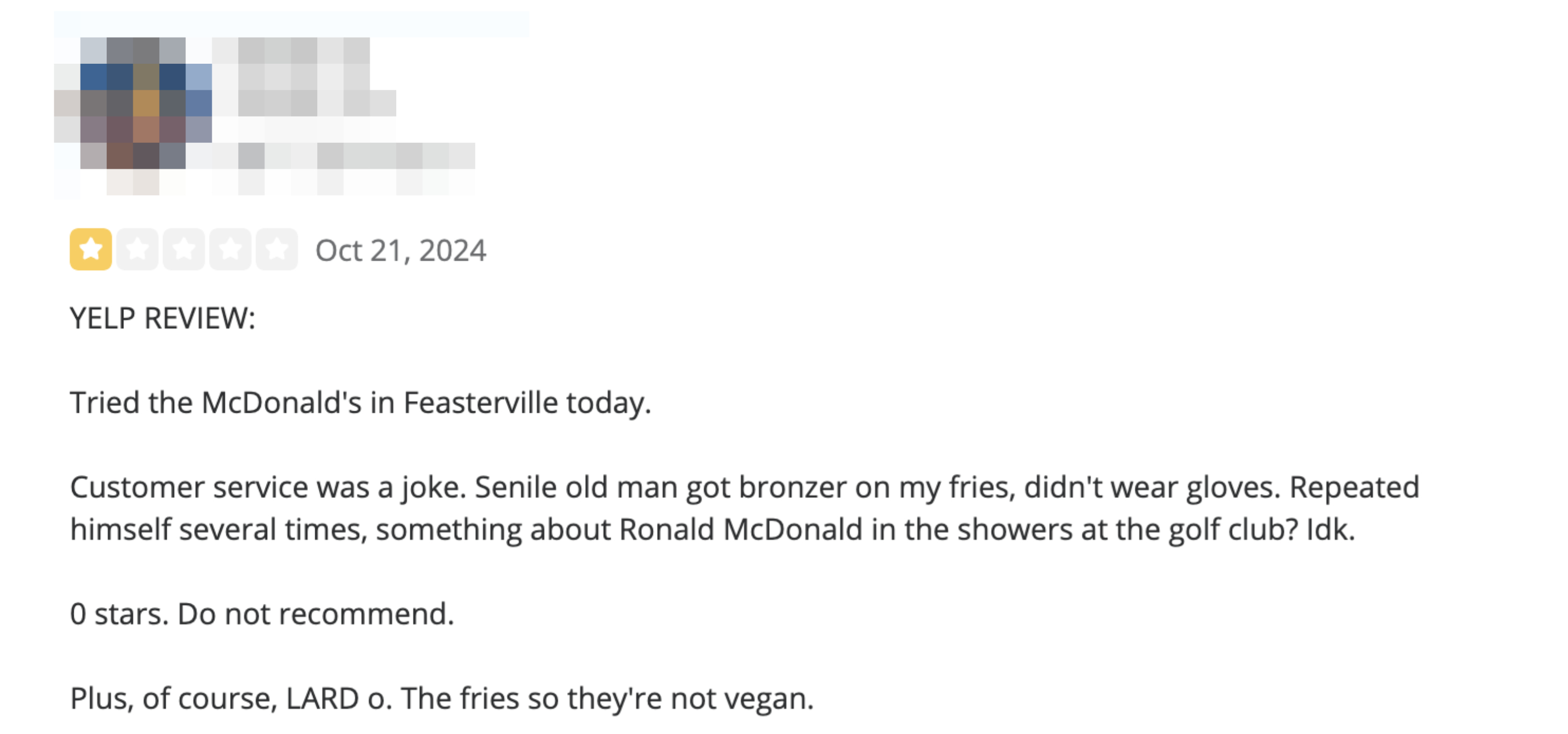 Yelp review from Ambler, PA on Oct 21, 2024, gives 0 stars to McDonald&#x27;s in Feasterville, citing poor service and non-vegan fries