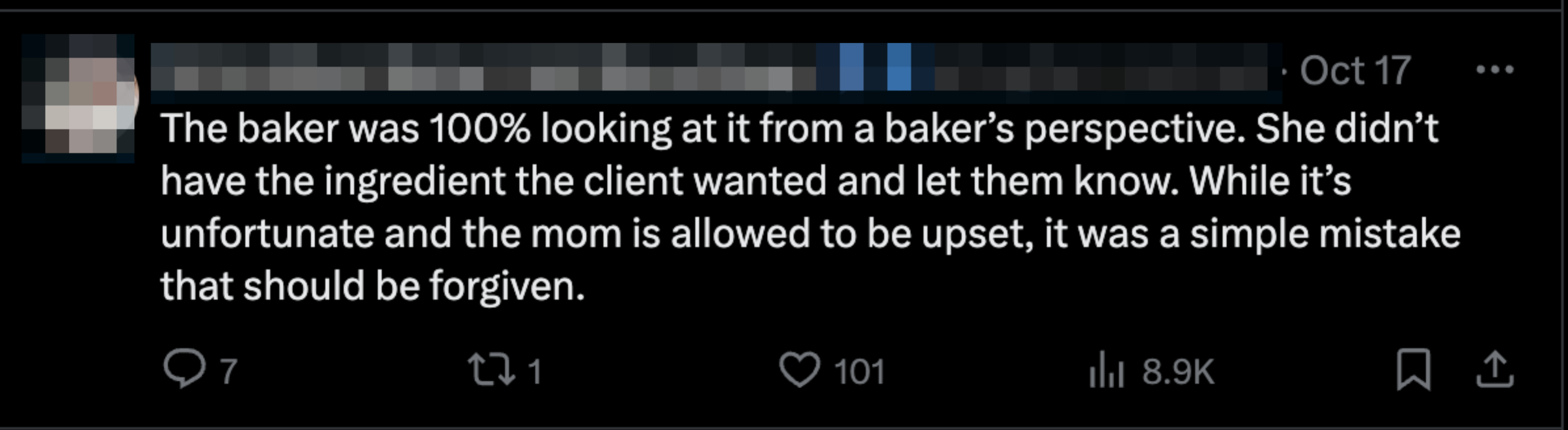 Tweet by @hughart_michael discusses a baker&#x27;s mistake from a baker&#x27;s perspective, noting the mom’s reaction but advocating for forgiveness