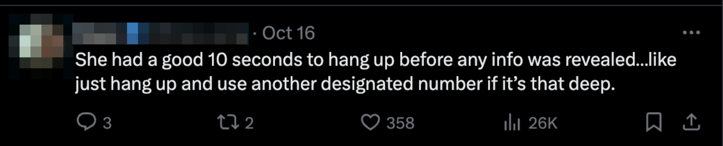 Tweet by Daux: &quot;She had a good 10 seconds to hang up before any info was revealed...like just hang up and use another designated number if it&#x27;s that deep.&quot;