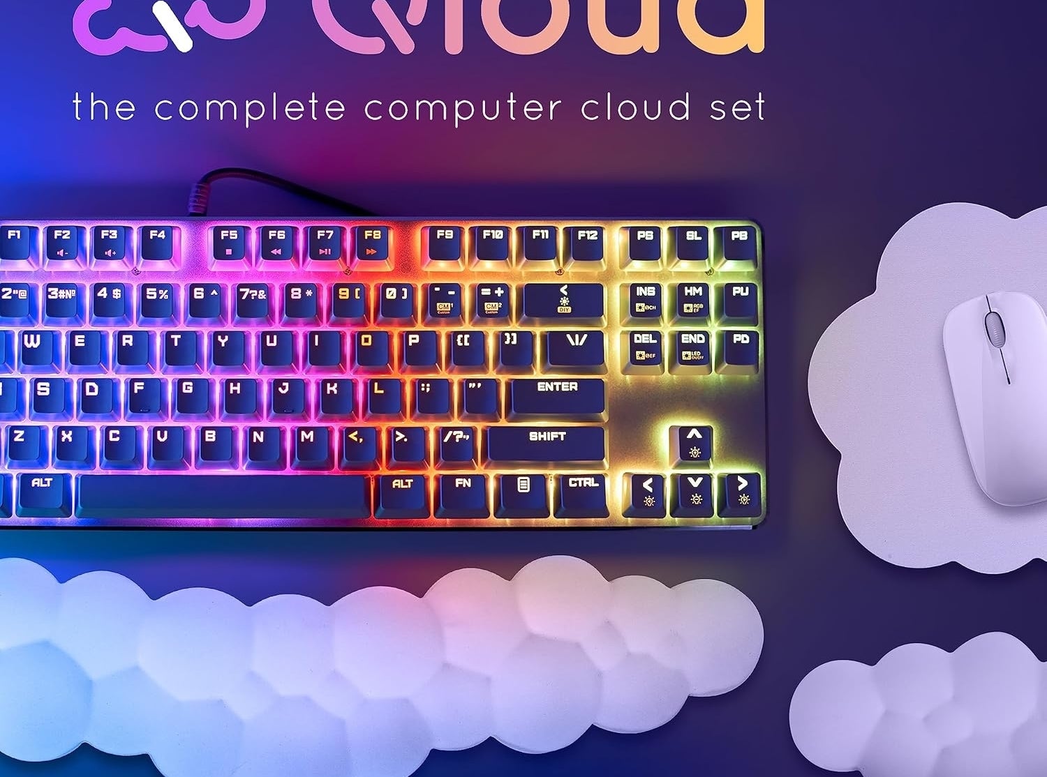 Keyboard and mouse set with customizable lights, named Qloud, featured for sale in tech shopping article