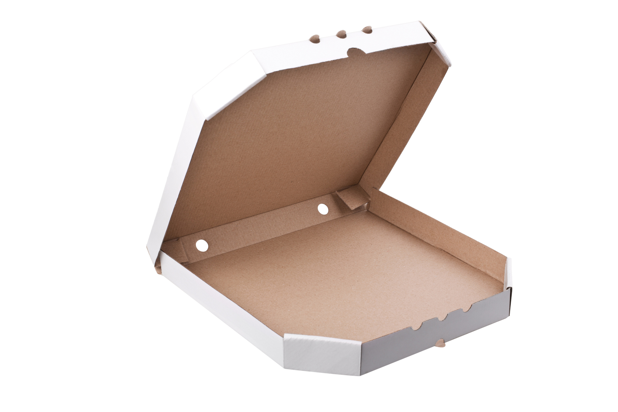 An open, empty pizza box with no text or graphics