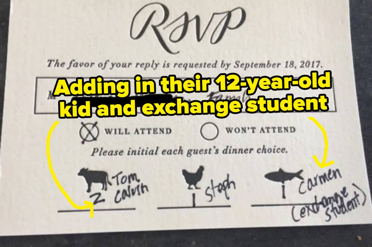 RSVP card joke: Adding a cow (Tom), a chicken (Stan), and a fish (Carmen, exchange student) under "Will attend" with "Adding in their 12-year-old kid and exchange student" overlay text