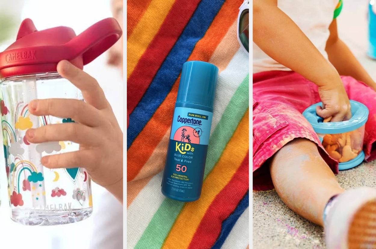 Kid's water bottle with dinosaurs, Coppertone Kids sunscreen SPF 50, child playing with sand toys