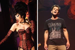 Two performers: one in an elaborate costume and the other in a "Misfits" t-shirt, participating in an LGBT-themed event