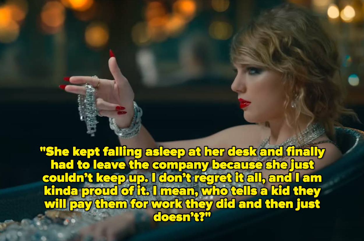 A person in a tub with jewelry, text about work and unfair pay, expressing pride in standing up against it