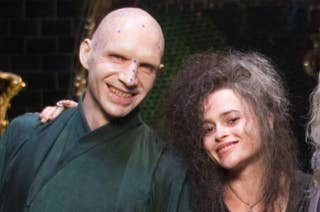 Voldemort and Belatrix smiling together in BTS photo.
