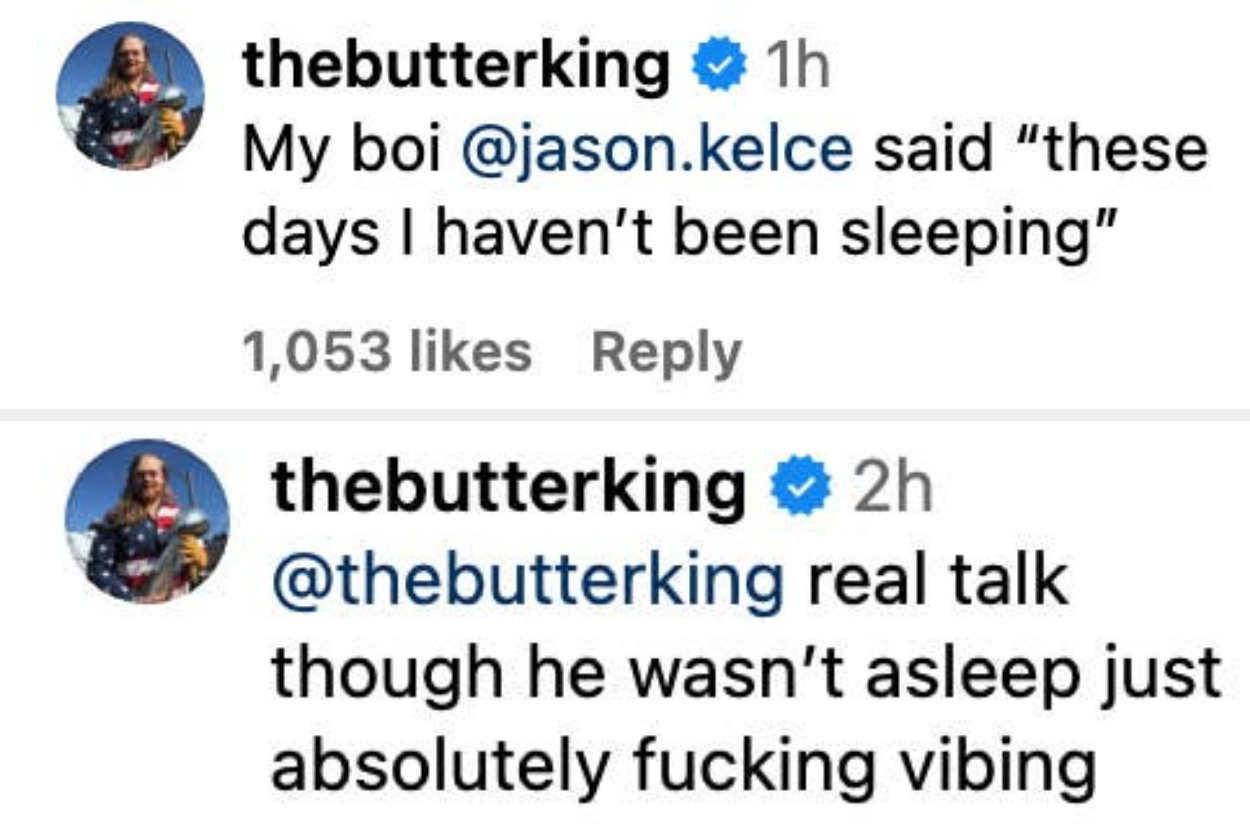 Instagram post by thebutterking discussing @jason.kelce&#x27;s statement about not sleeping, emphasizing it as just &quot;vibing.&quot;