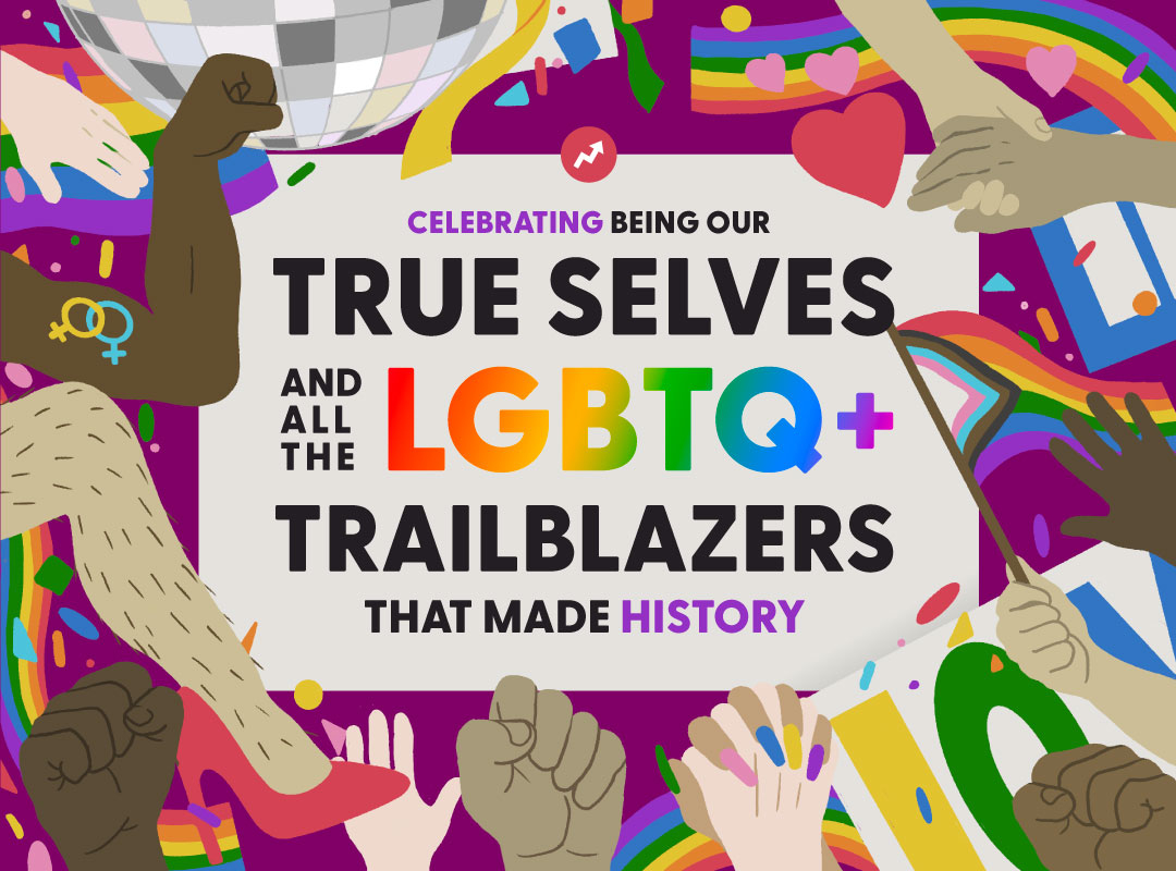 Illustrated poster celebrating LGBTQ+ trailblazers with diverse hands and pride symbols surrounding supportive text