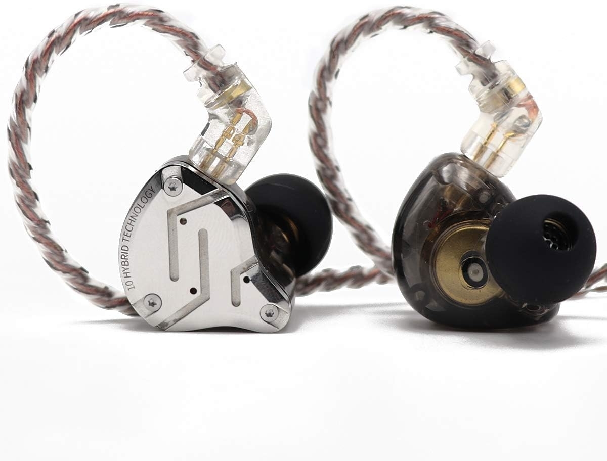 Close-up of two in-ear headphones with braided cables, showing intricate detail and design, suitable for high-quality audio experiences