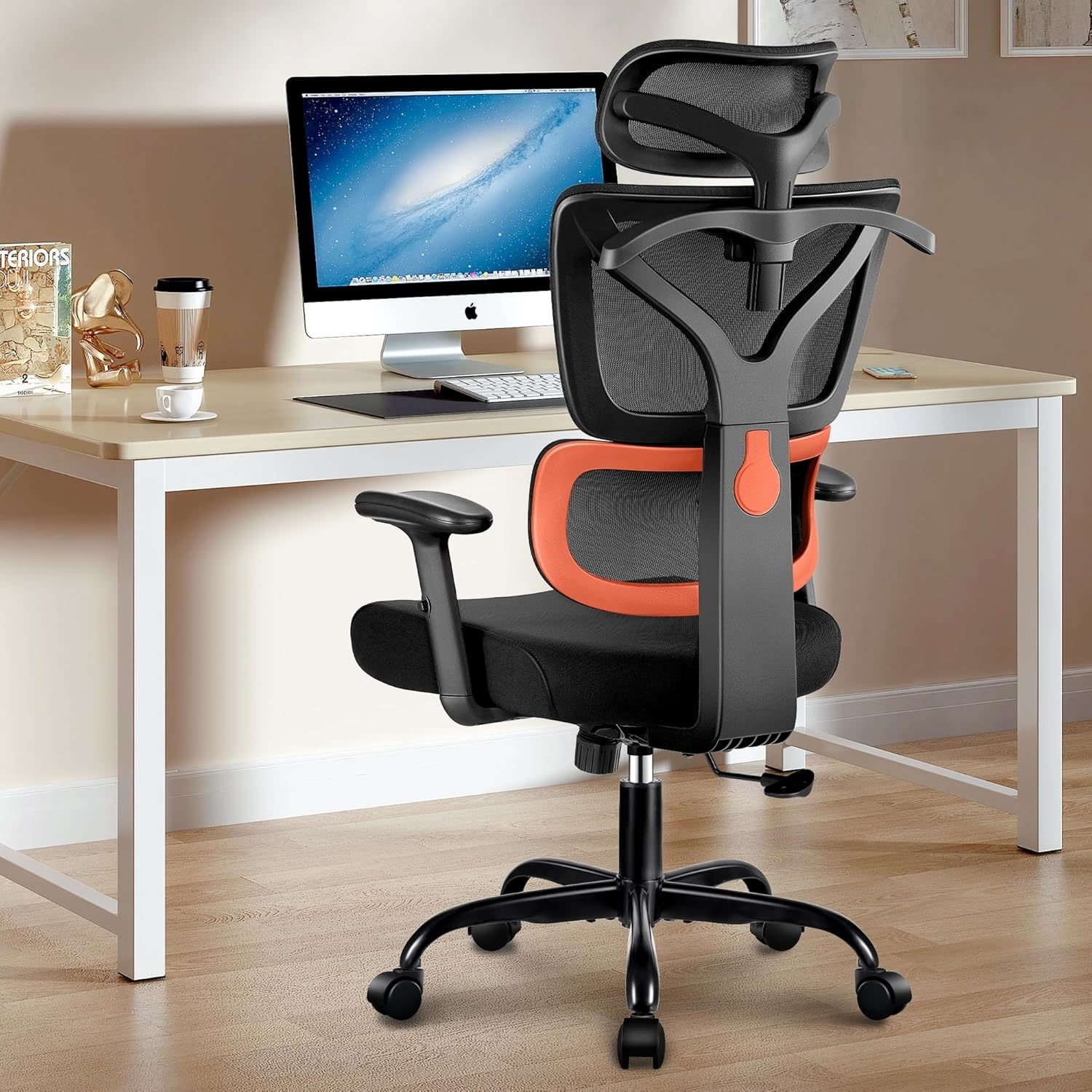 Ergonomic office chair with adjustable headrest and lumbar support in front of a home desk setup featuring a desktop computer