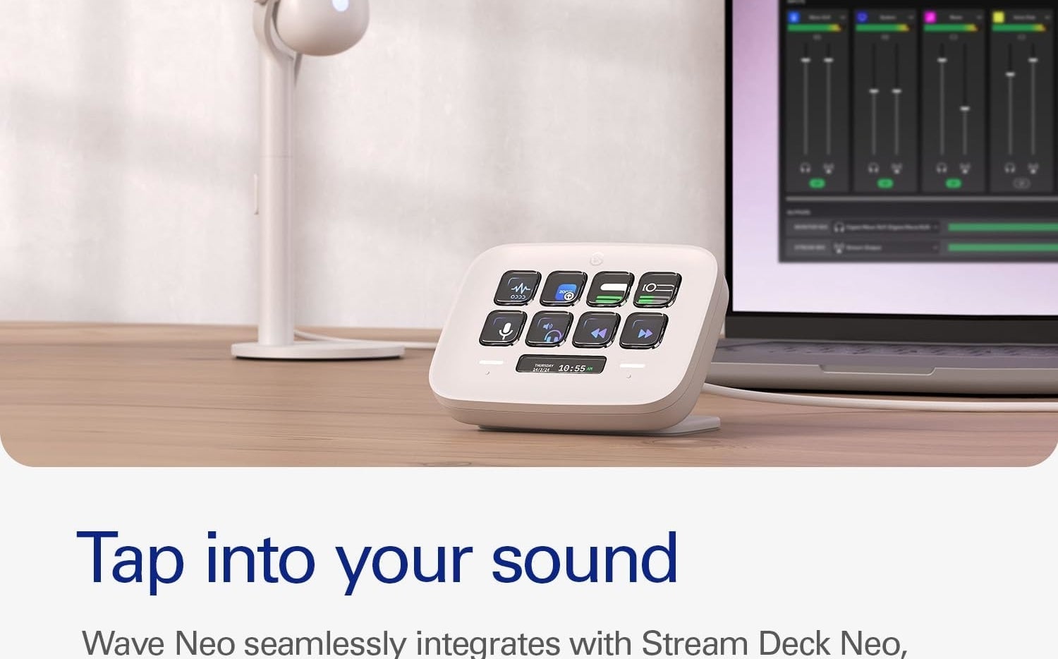 Audio interface with buttons, microphone stand, laptop, and sound settings on screen. Caption: &quot;Tap into your sound.&quot; Stream Deck Neo integration