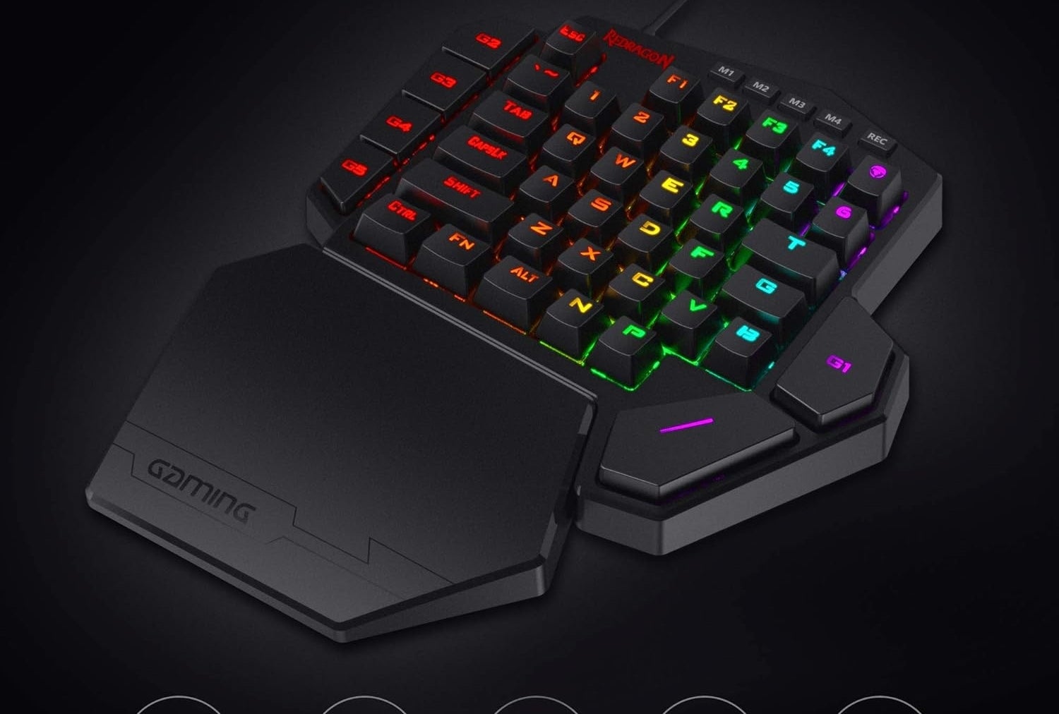 Gaming keyboard with ergonomic wrist rest, featuring RGB backlit keys. Descriptive icons show 5 lighting modes: Streaming, Switching, Rippling, Blooming, Fading