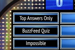 Game show board with text: "Top Answers Only," "BuzzFeed Quiz," "Impossible"