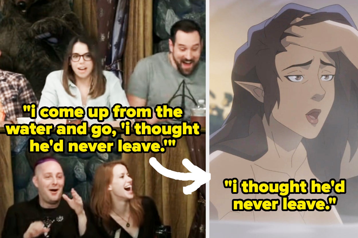 On the left: Laura Bailey roleplaying in Campaign One in Critical Role of Vex coming up out of a bathtub vs on the right, the same scene animated