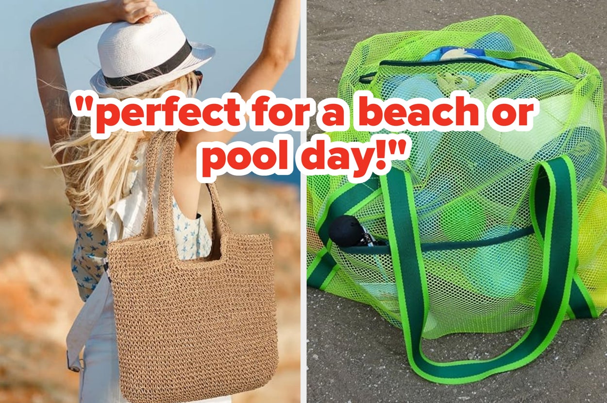 Straw tote bag on the left; black mesh organizational beach bag filled with items on the right