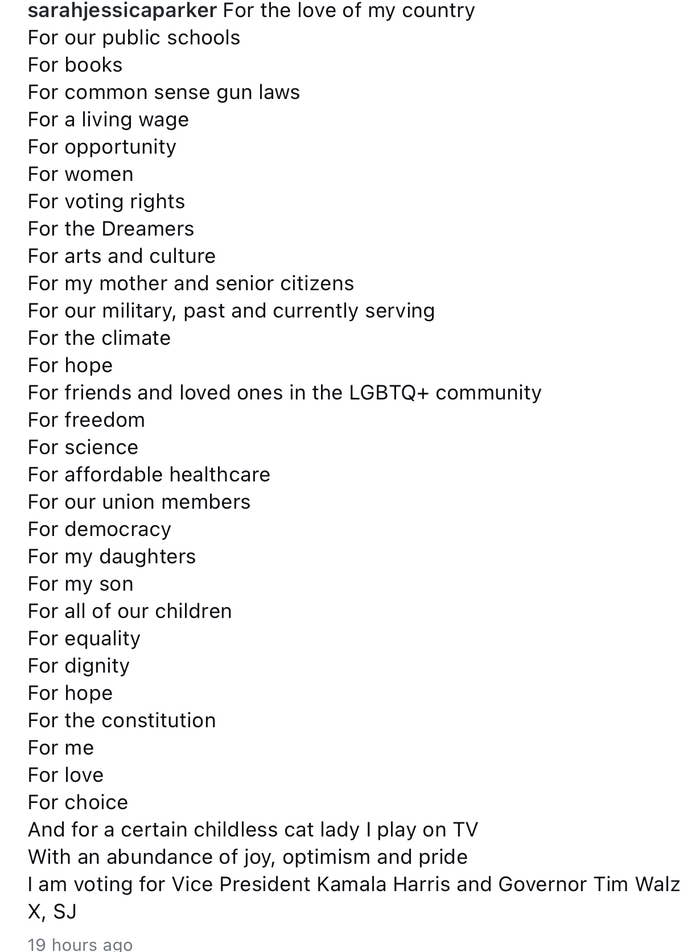 Summary of list: Sarah Jessica Parker shares reasons for voting, highlighting support for education, equality, democracy, LGBTQ+ community, and leadership