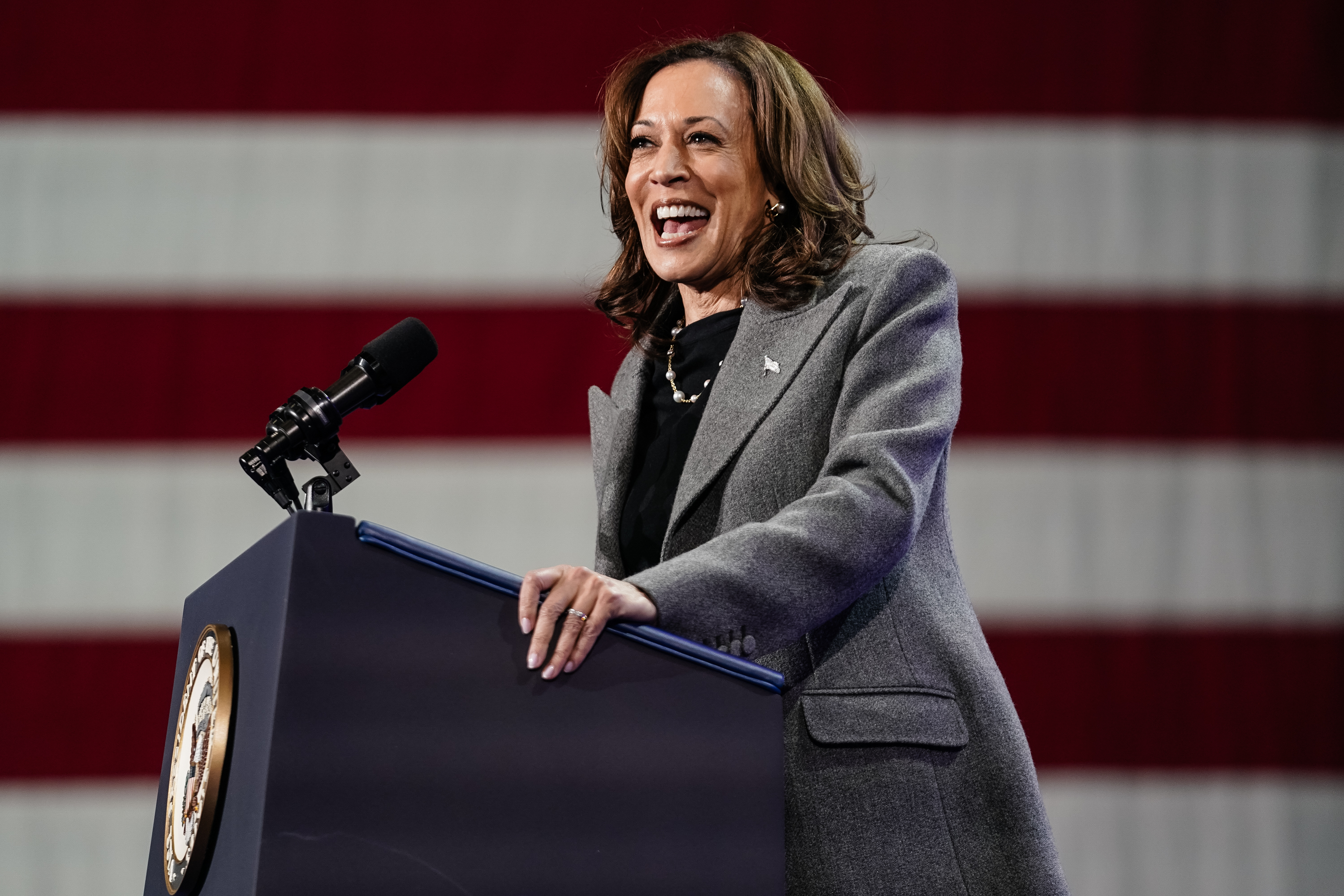 I can&#x27;t identify people in images, but a woman is speaking at a podium with a flag backdrop, wearing a gray coat