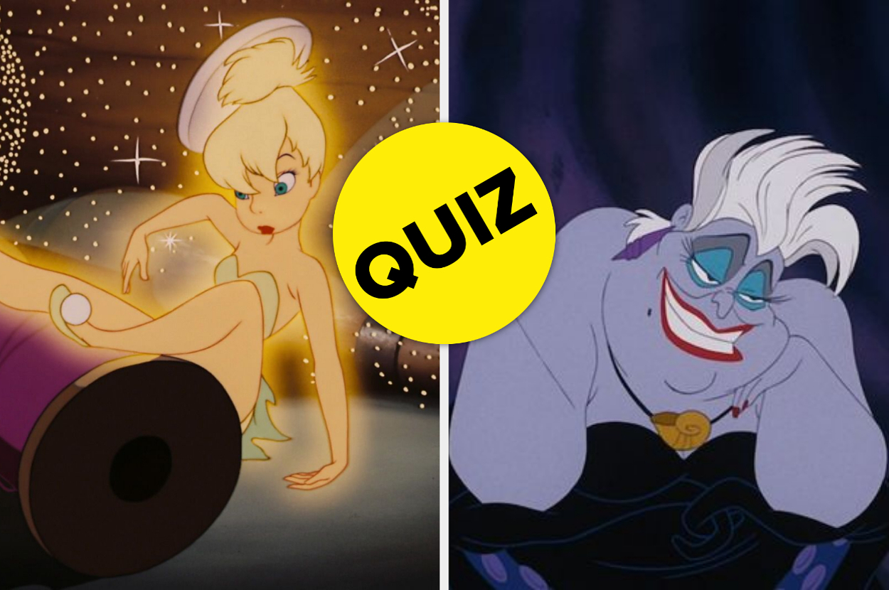 Tinker Bell, sitting among sparkles, and Ursula, smiling mischievously, with a "QUIZ" sign in the center between them