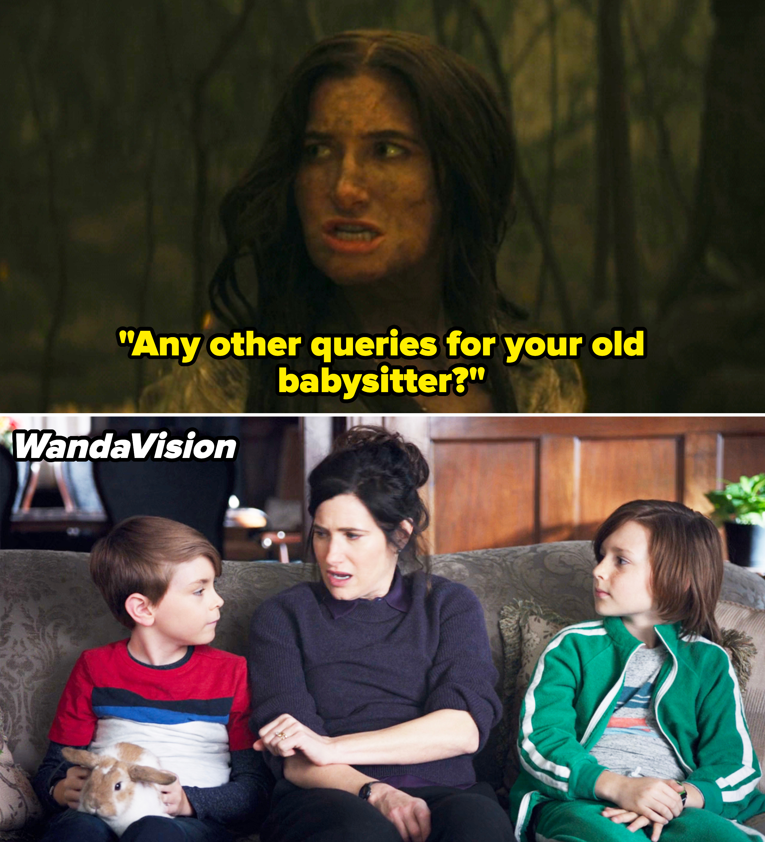 Agatha asking Billy if he has any questions for his old babysitter vs Agatha babysitting Billy and Tommy in WandaVision