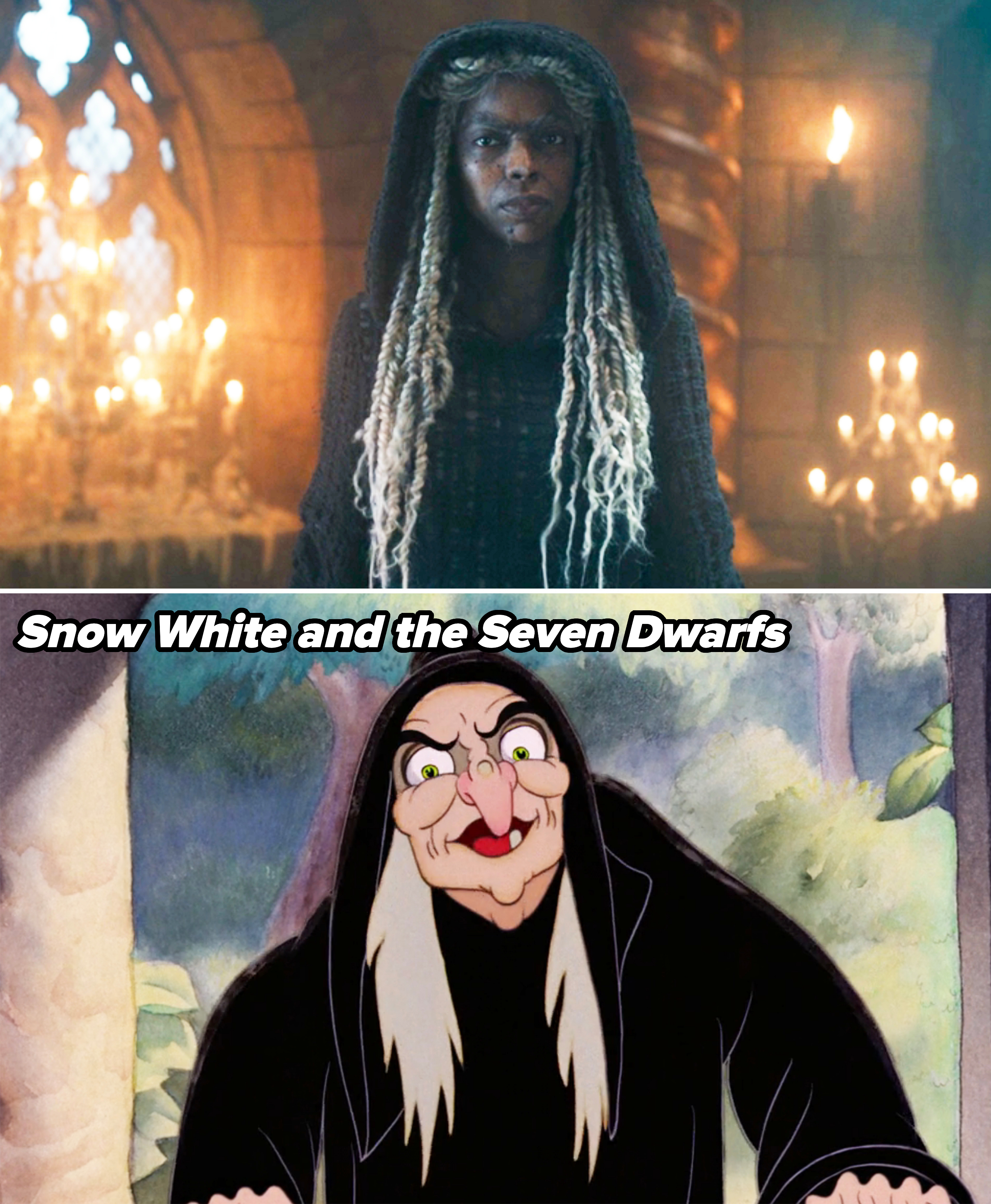 Jen as the Witch vs the animated character in &quot;Snow White&quot;