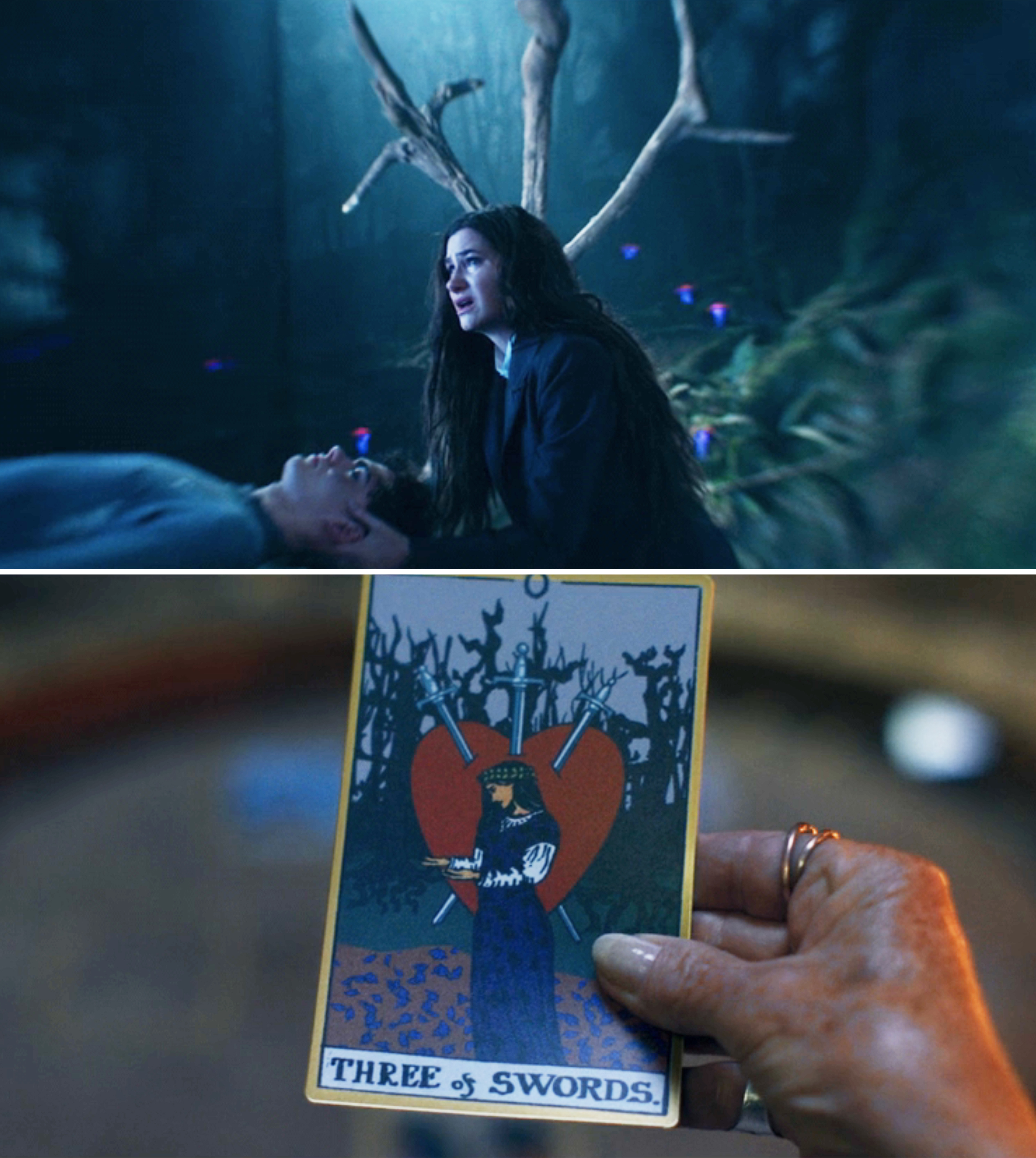 Agatha crying over Billy&#x27;s body with three tree branches behind her head vs a close up of the tarot card with three swords plunging into a heart behind a woman