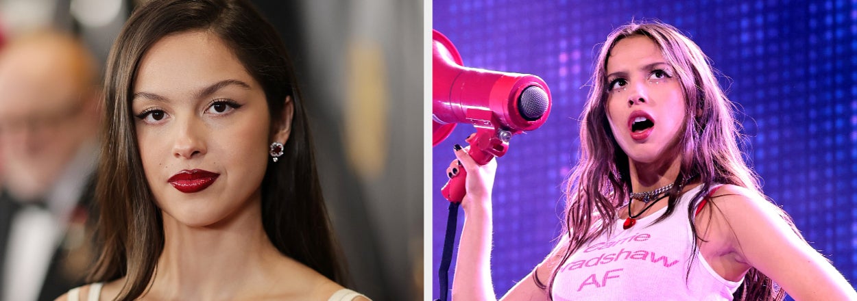 Two side-by-side images of Olivia Rodrigo: on the left, wearing a beaded dress; on the right, performing in a crop top and shorts