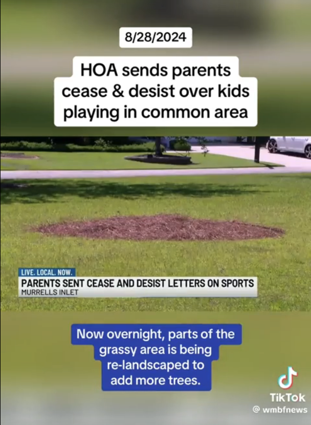 Headline from 8/28/2024: Parents person   cease and desist letters from HOA for children playing successful  the communal  area; country  to beryllium  re-landscaped with trees
