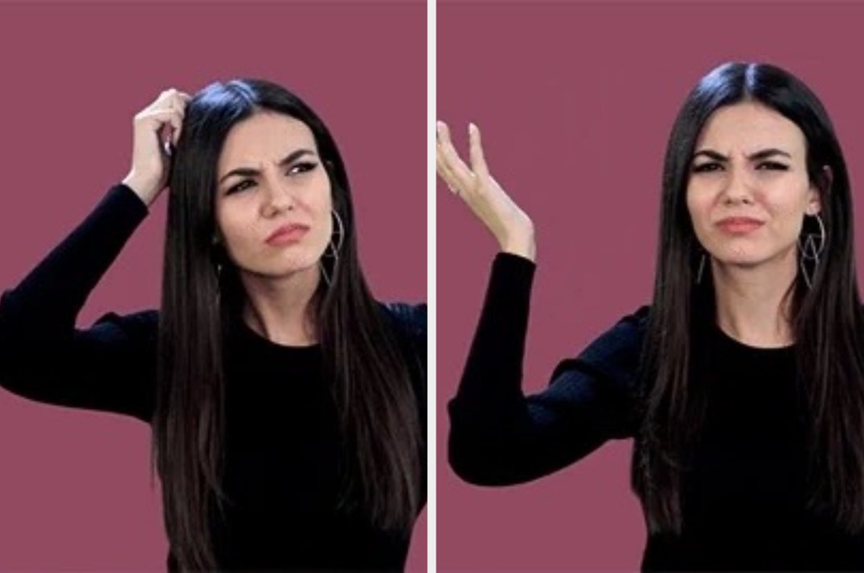 A woman with long dark hair looks confused, scratching her head in one photo and shrugging in the other against a plain background