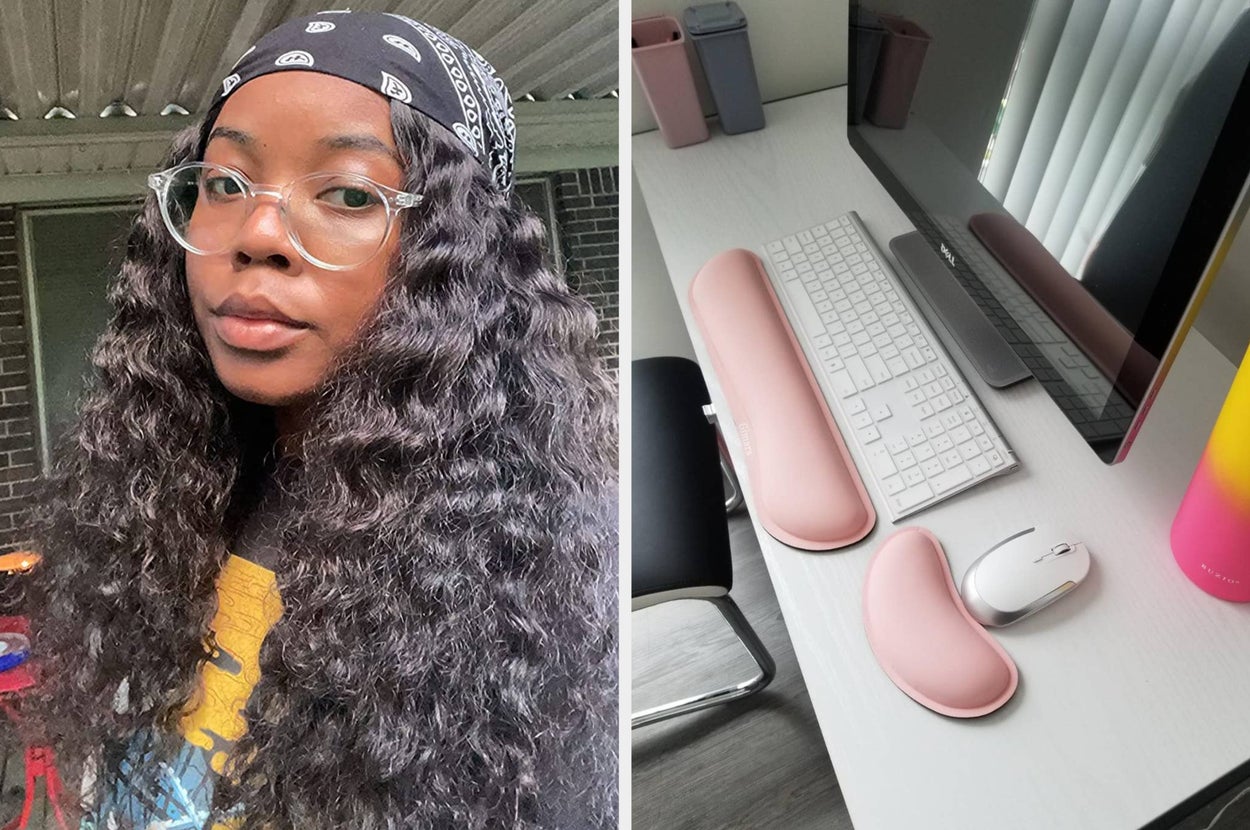 Left: Person with long wavy hair and glasses wearing a bandana. Right: Desk with keyboard, mouse, and pink wrist rests