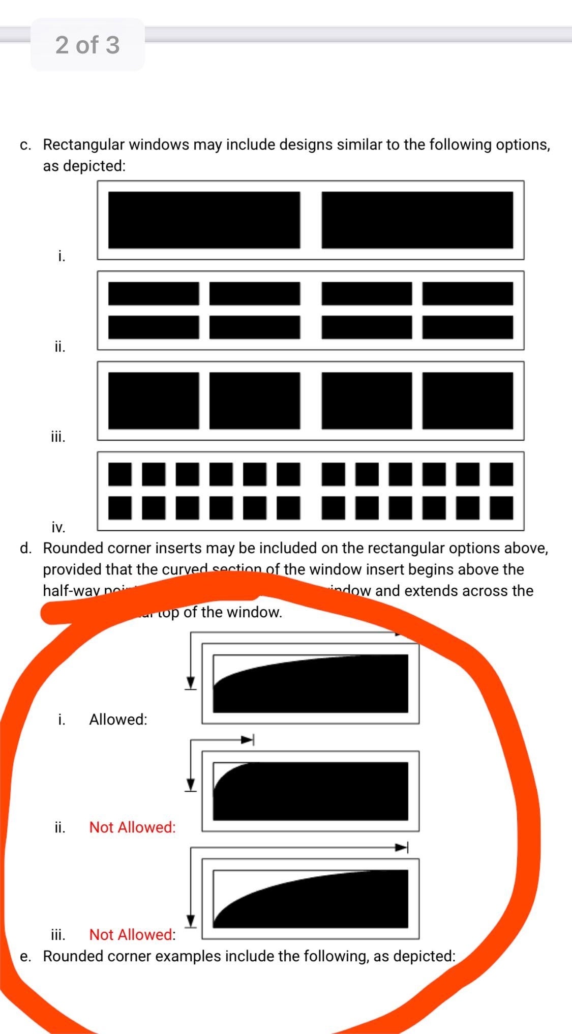 Page showing model   designs, with examples of allowed and not allowed rounded corners. A reddish  ellipse  highlights a conception  connected  permitted curved model   designs