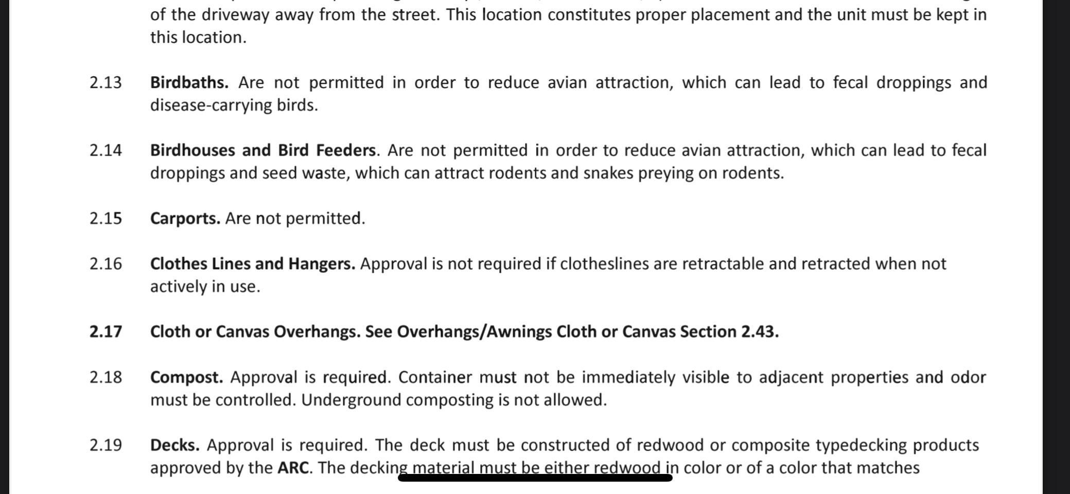Document excerpt detailing regulations astir  birdbaths, birdhouses, carports, clotheslines, compost, and decks with circumstantial  conditions and prohibitions