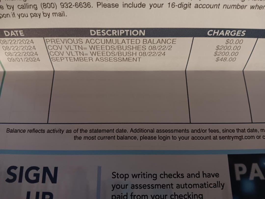 Statement excerpt showing relationship  equilibrium  details and charges for August and September 2024 related to weeds and bushes, with login info note