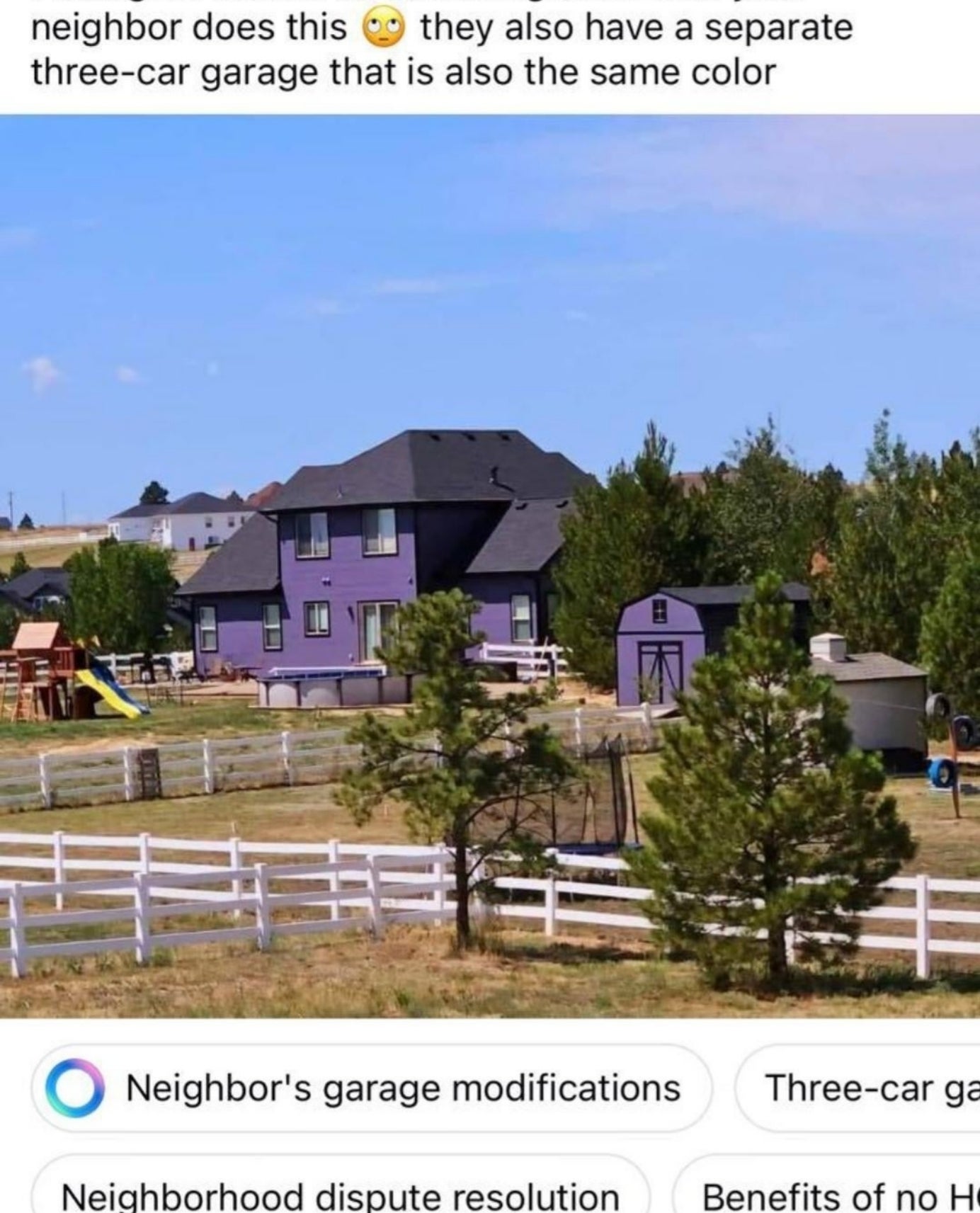 Facebook station  showing a ample  location   with a three-car store  that's identical successful  color. Text jokes astir  the downsides of not having a homeowners association