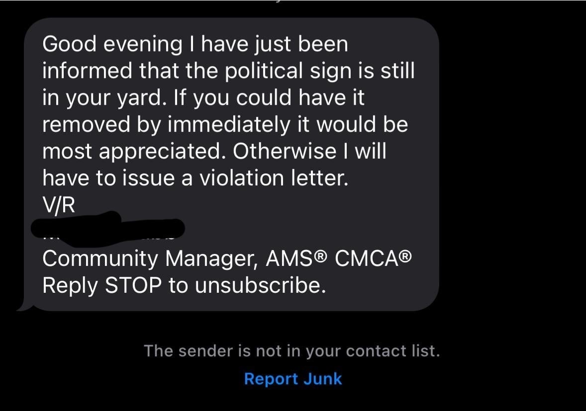 Text connection   states a governmental  motion   is successful  the gait   and requests its removal to debar  a usurpation  letter. Sent by a Community Manager