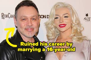 Actor in a black leather jacket stands next to a woman in a revealing dress with the text "Ruined his career by marrying a 16-year-old" overlaying the image