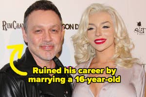 Actor in a black leather jacket stands next to a woman in a revealing dress with the text "Ruined his career by marrying a 16-year-old" overlaying the image