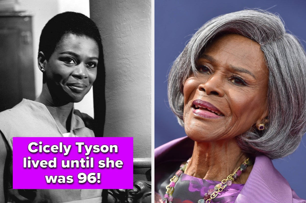 Two photos of Cicely Tyson, young in a black and white image and older, smiling. Text: "Cicely Tyson lived until she was 96!"
