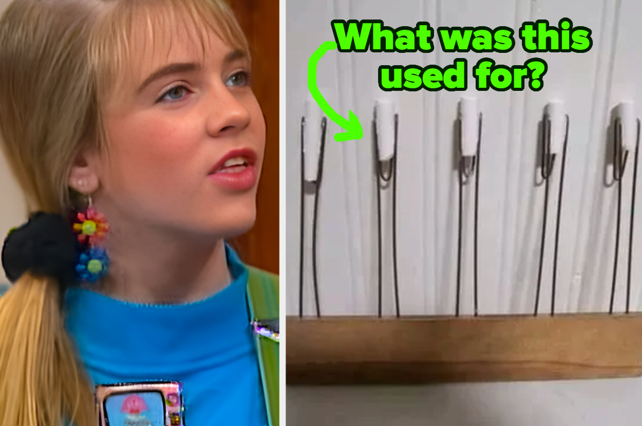 A person with earrings is next to a display of metal objects on a board with text: "What was this used for?"