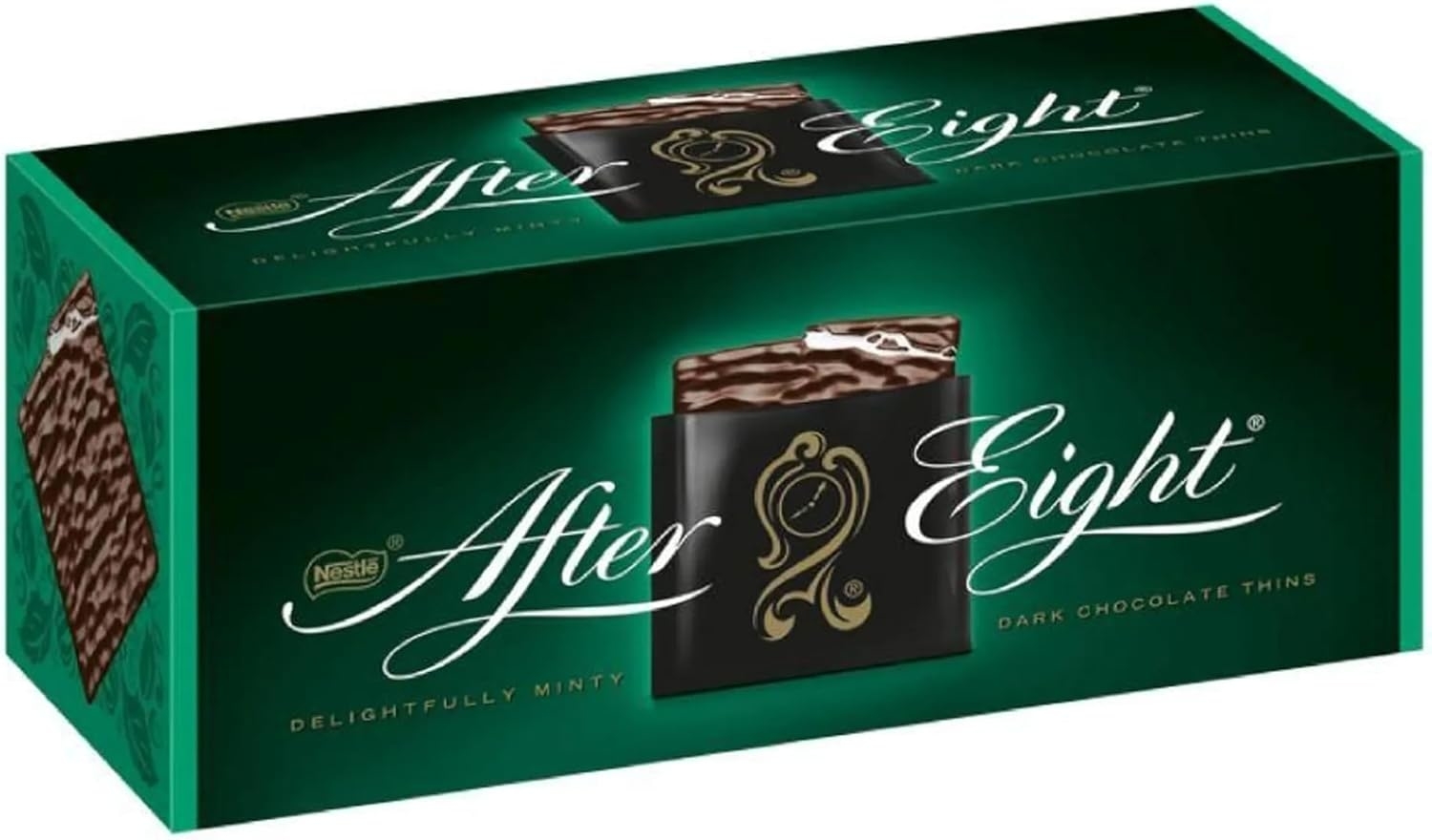 Nestlé After Eight box showing packaging design and dark chocolate mint square illustration