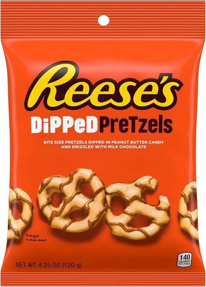 Bag of Reese&#x27;s Dipped Pretzels, bite-size pretzels in peanut butter candy and milk chocolate