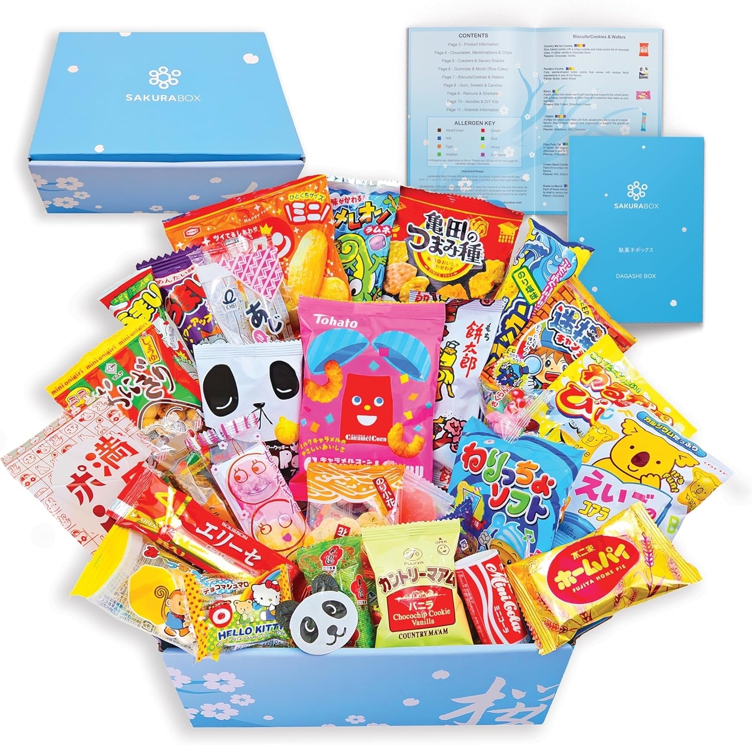 Assortment of Japanese snacks in an open SakuraBox with an info guide displaying contents and allergens