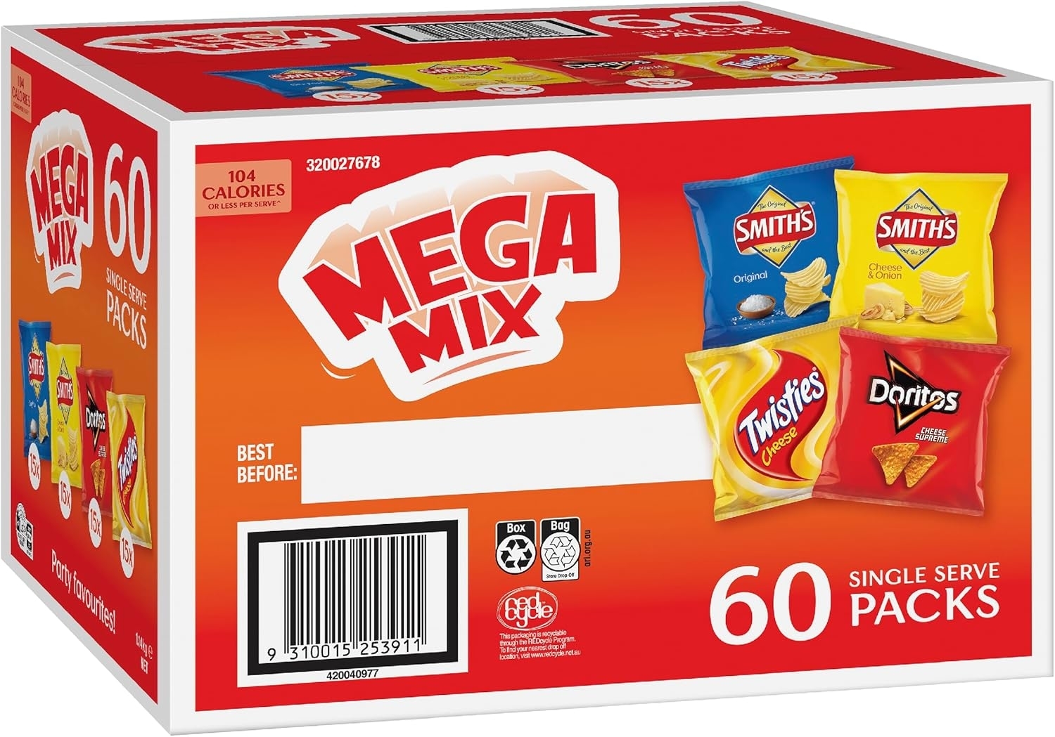 Mega Mix snack box with 60 single-serve packs, featuring Smith&#x27;s chips, Twisties, and Doritos