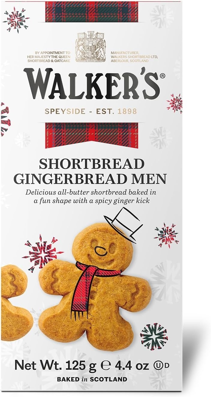 Walker&#x27;s Shortbread Gingerbread Men box featuring gingerbread men cookies in fun shapes, highlighted as having a spicy ginger kick