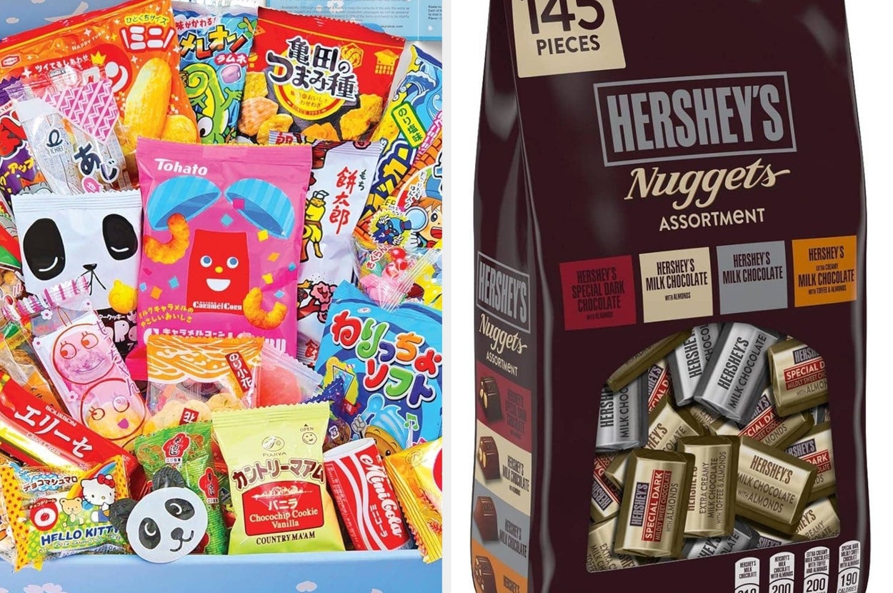 Variety pack of Japanese snacks and a bag of Hershey's Nuggets Assortment